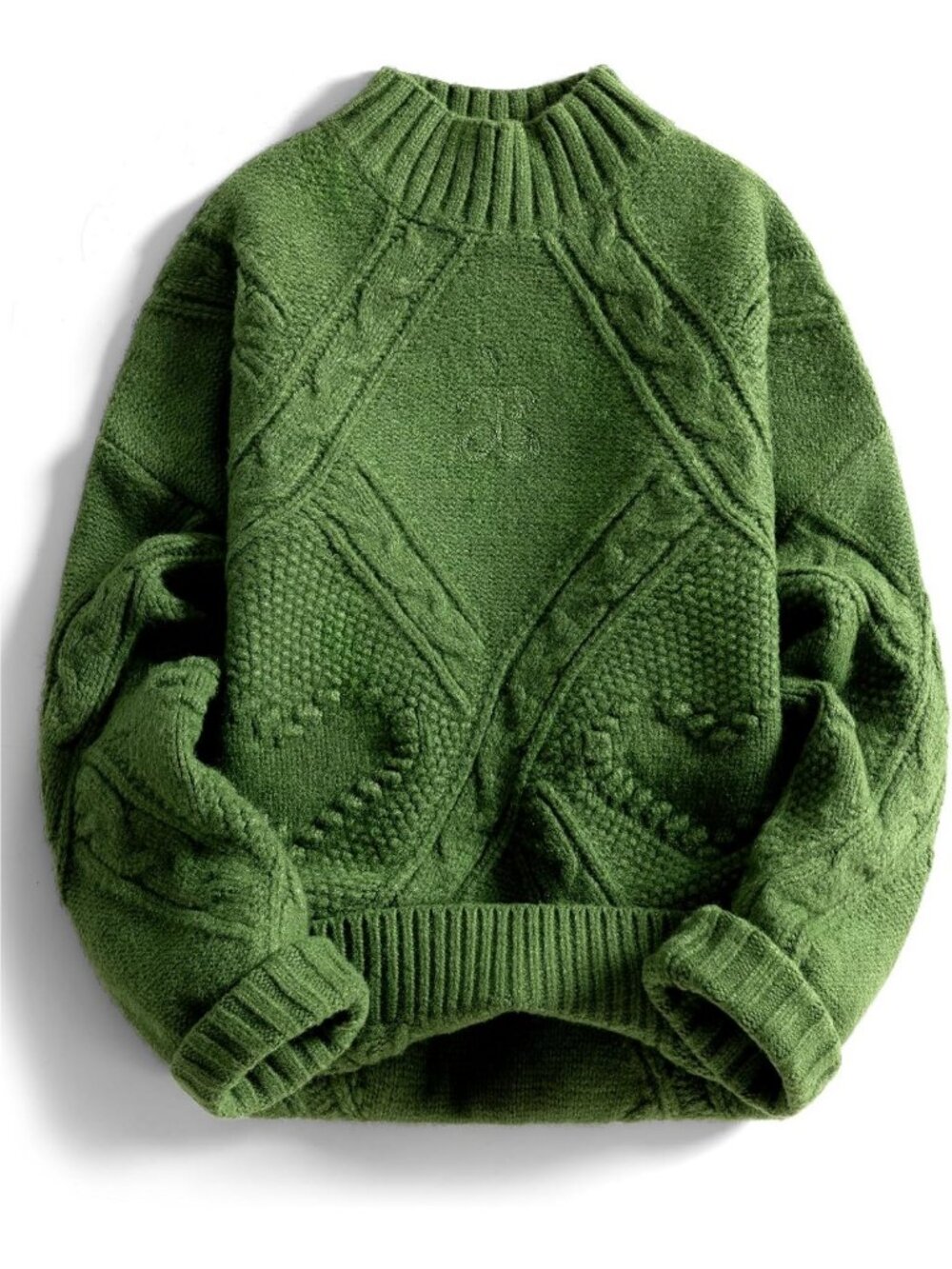 Oversized Chunky Cable Knit Sweater - Mock Neck, Long Sleeve, Heart Design, Fall